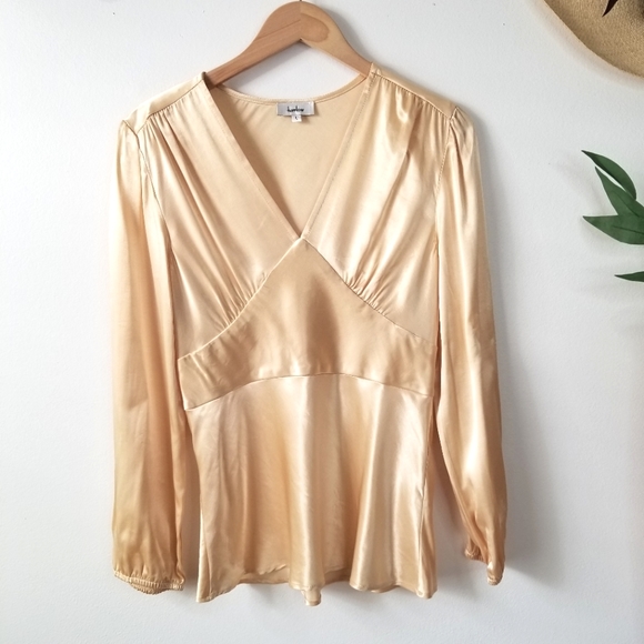 Harlow Top M L Gold Y2K 90s Satin V Neck Gathered Long Sleeve Pullover Blouse - Picture 10 of 10